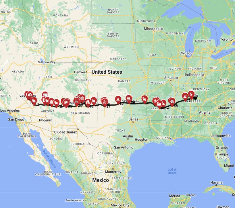RV trip Planner route from Las Vegas to Nashville
